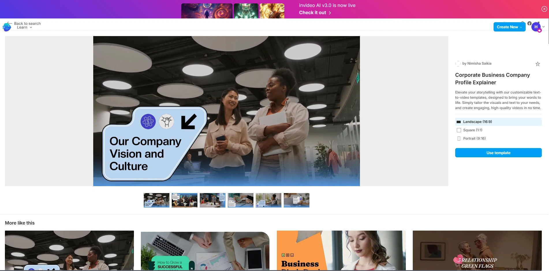 Business explainer template on Invideo workspace.