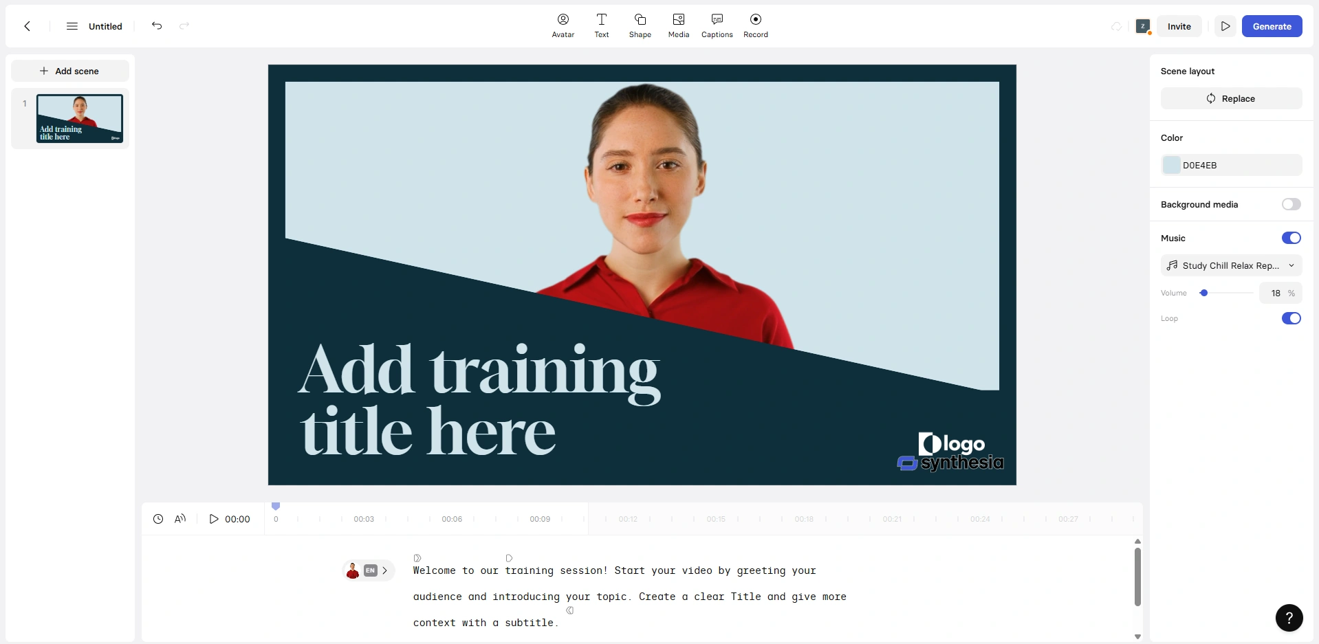 Synthesia training template with avatar and subtitle.