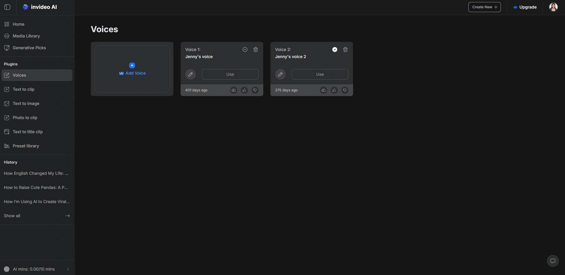Invideo AI voice plugin showing saved recordings.