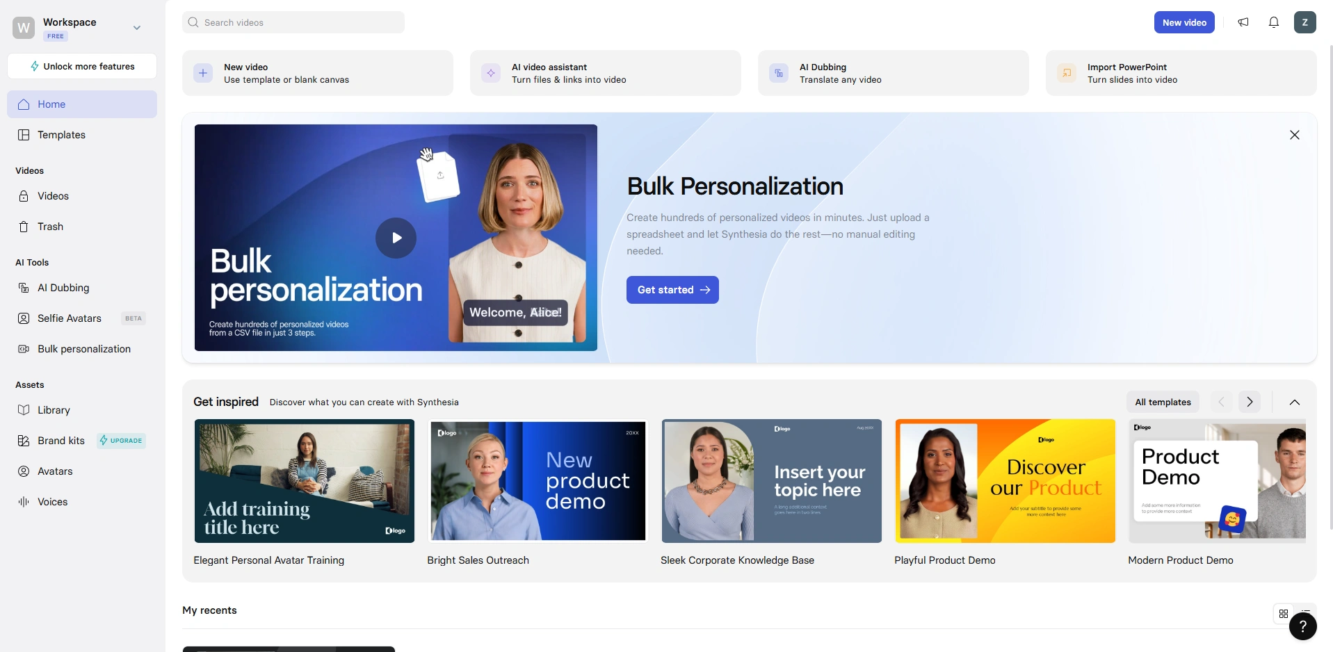 Synthesia dashboard with bulk personalization banner.