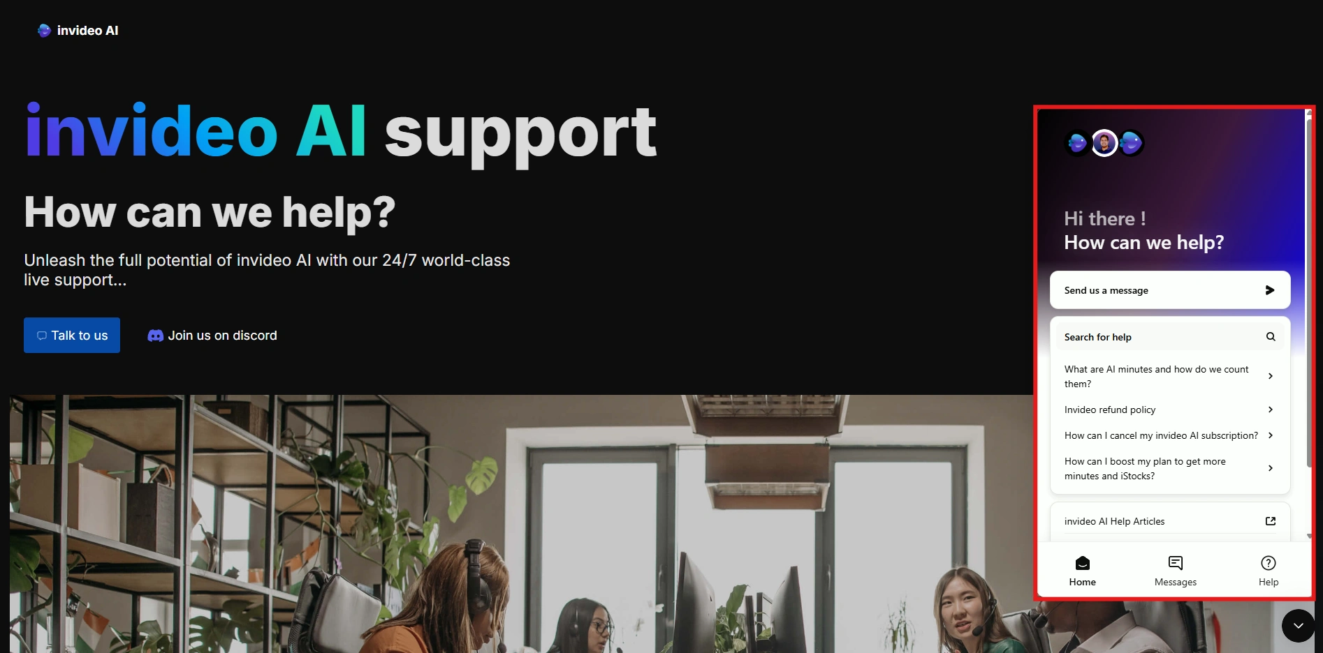 Invideo AI help screen with FAQs and message option.