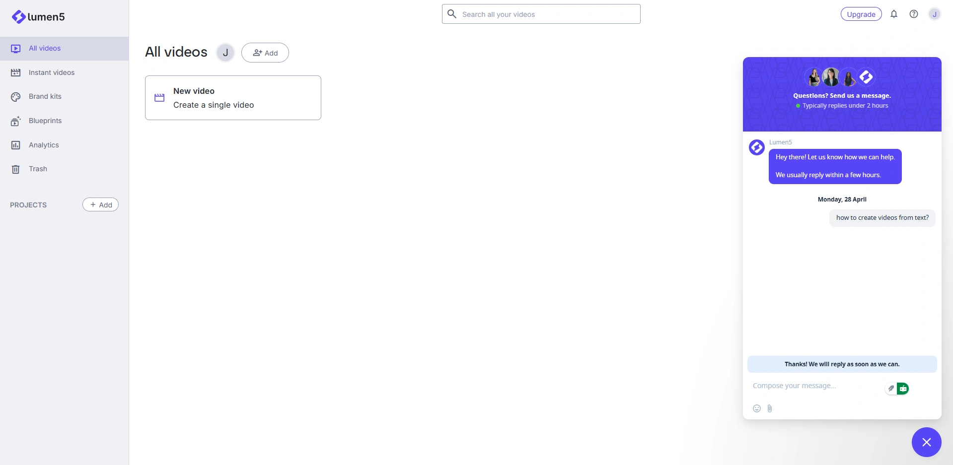 Lumen5 All Videos dashboard with support chat.