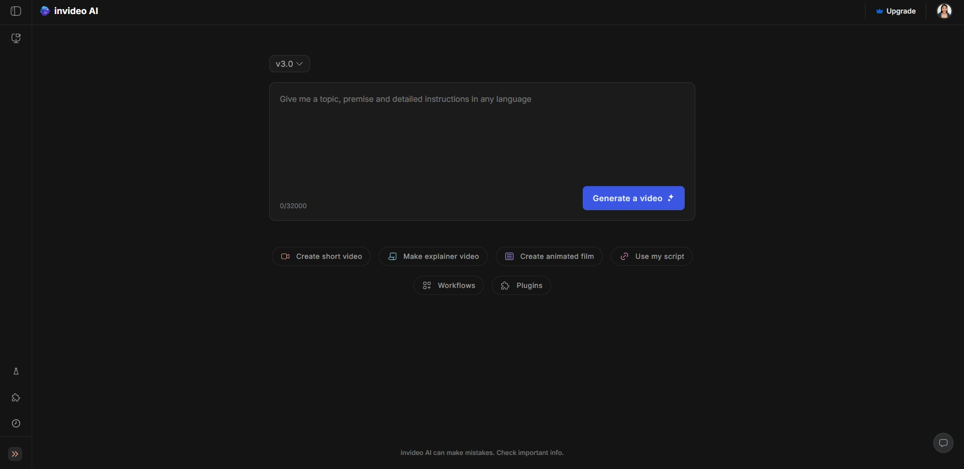 Invideo AI’s script-to-video input dashboard.