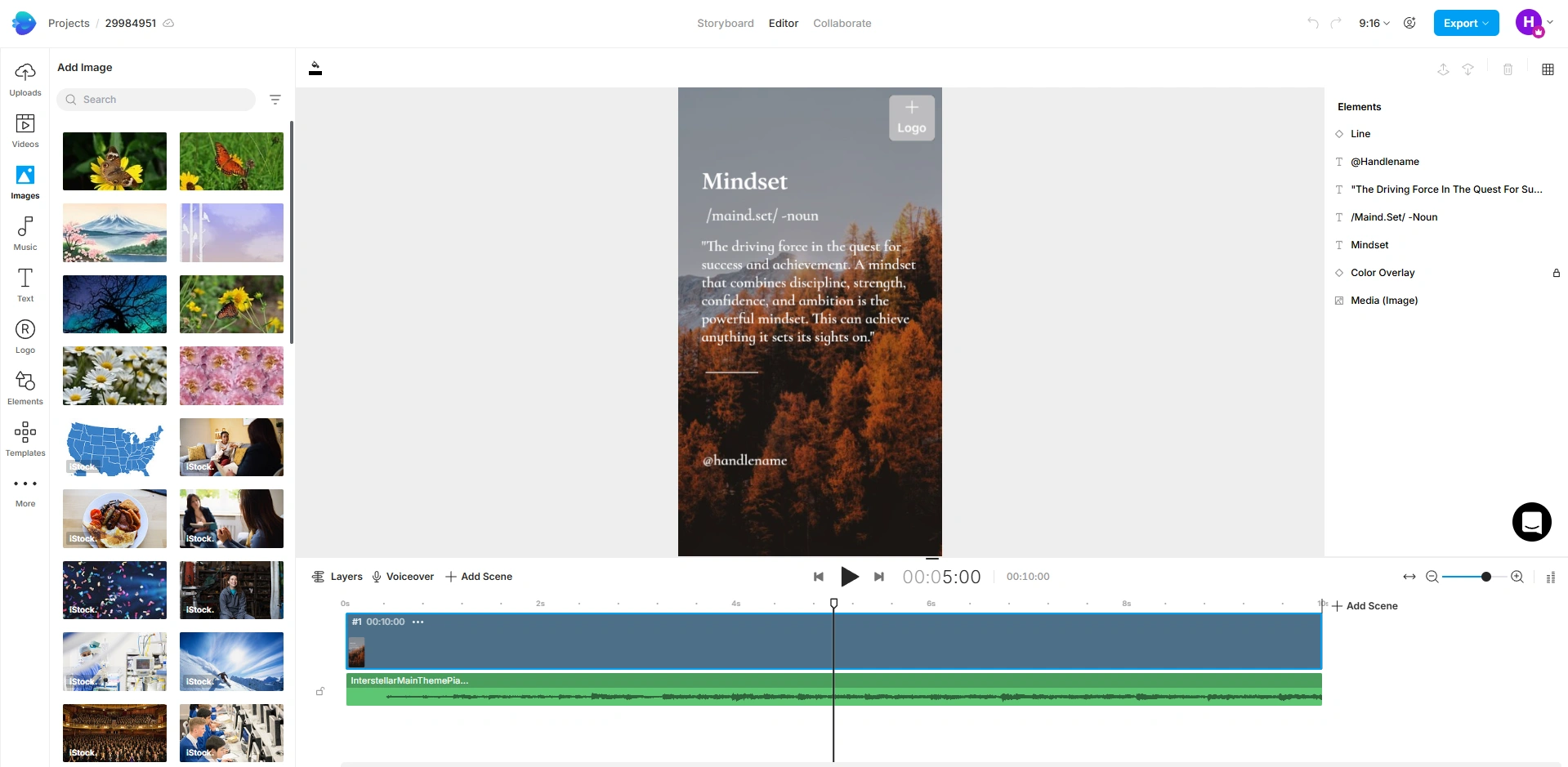 Lumen5 editor showing mindset quote project.