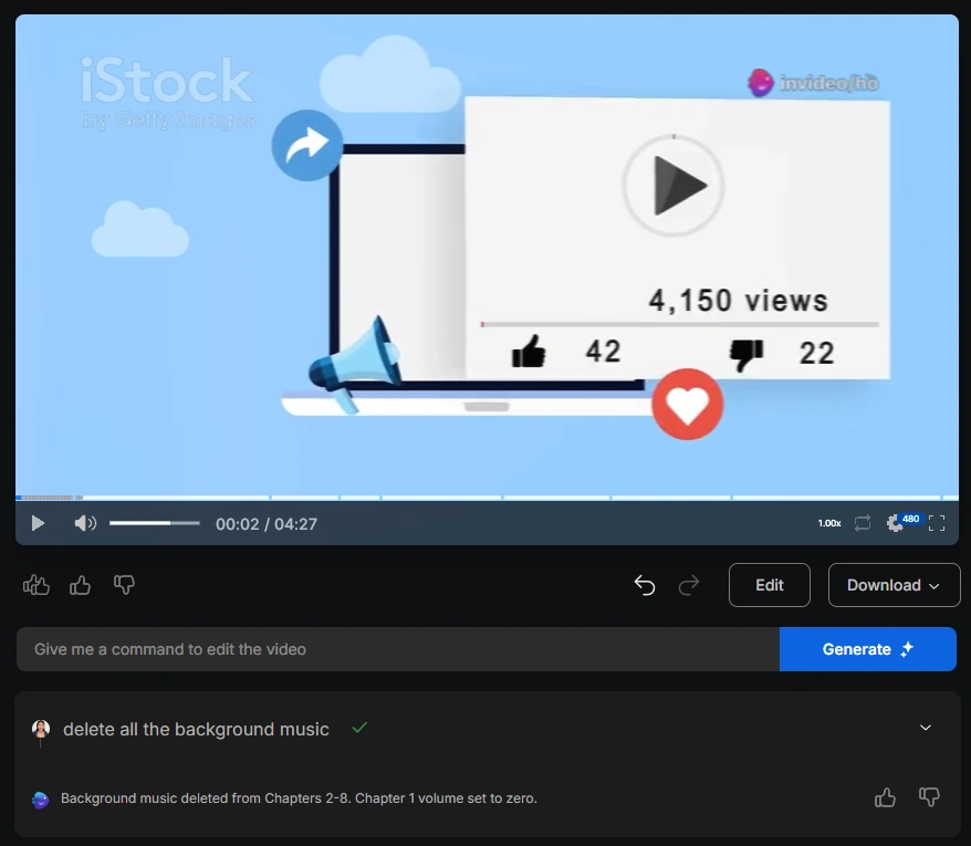 iStock video scene edited in Invideo AI interface.