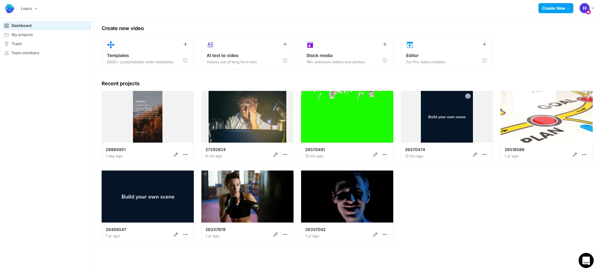 Lumen5 dashboard showing recent video projects.