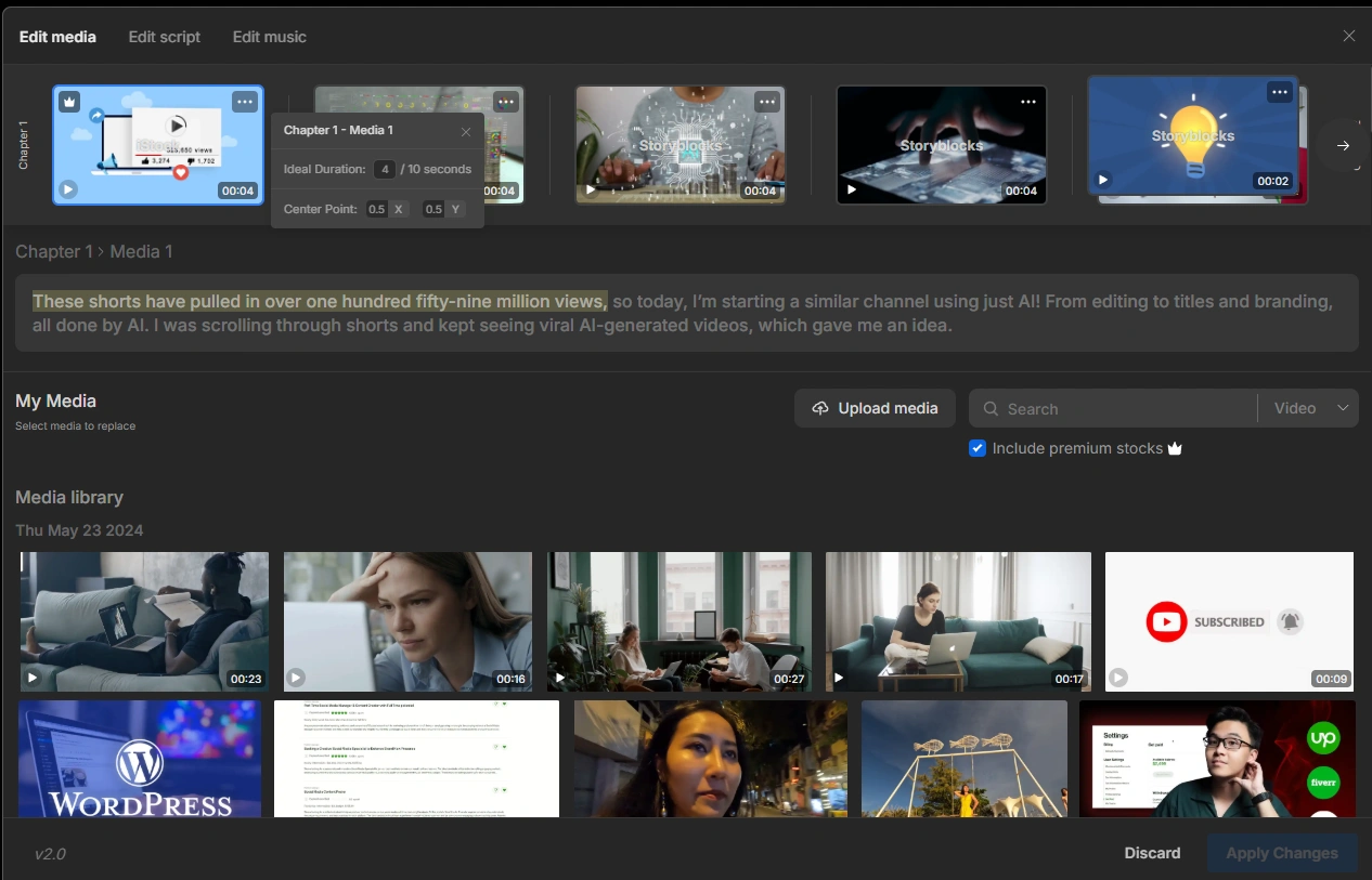 Invideo media editor with script and preview clips.