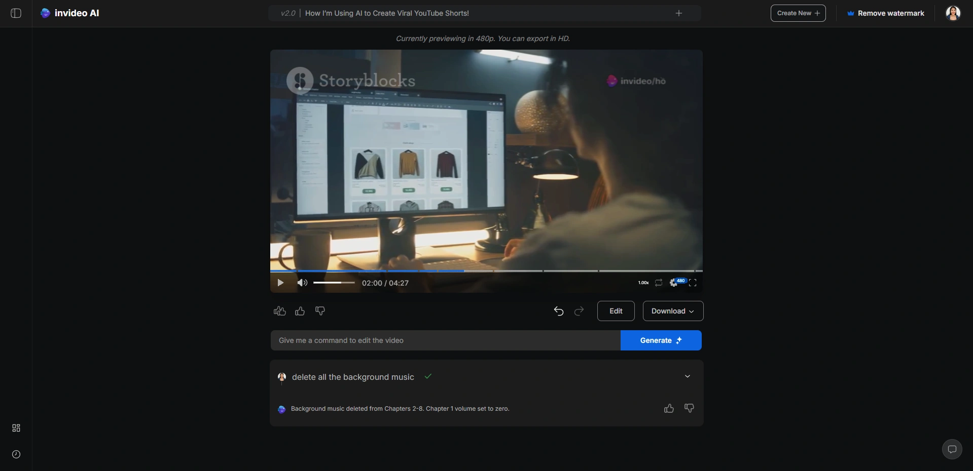 Storyblocks clip playing in Invideo AI with edits shown.