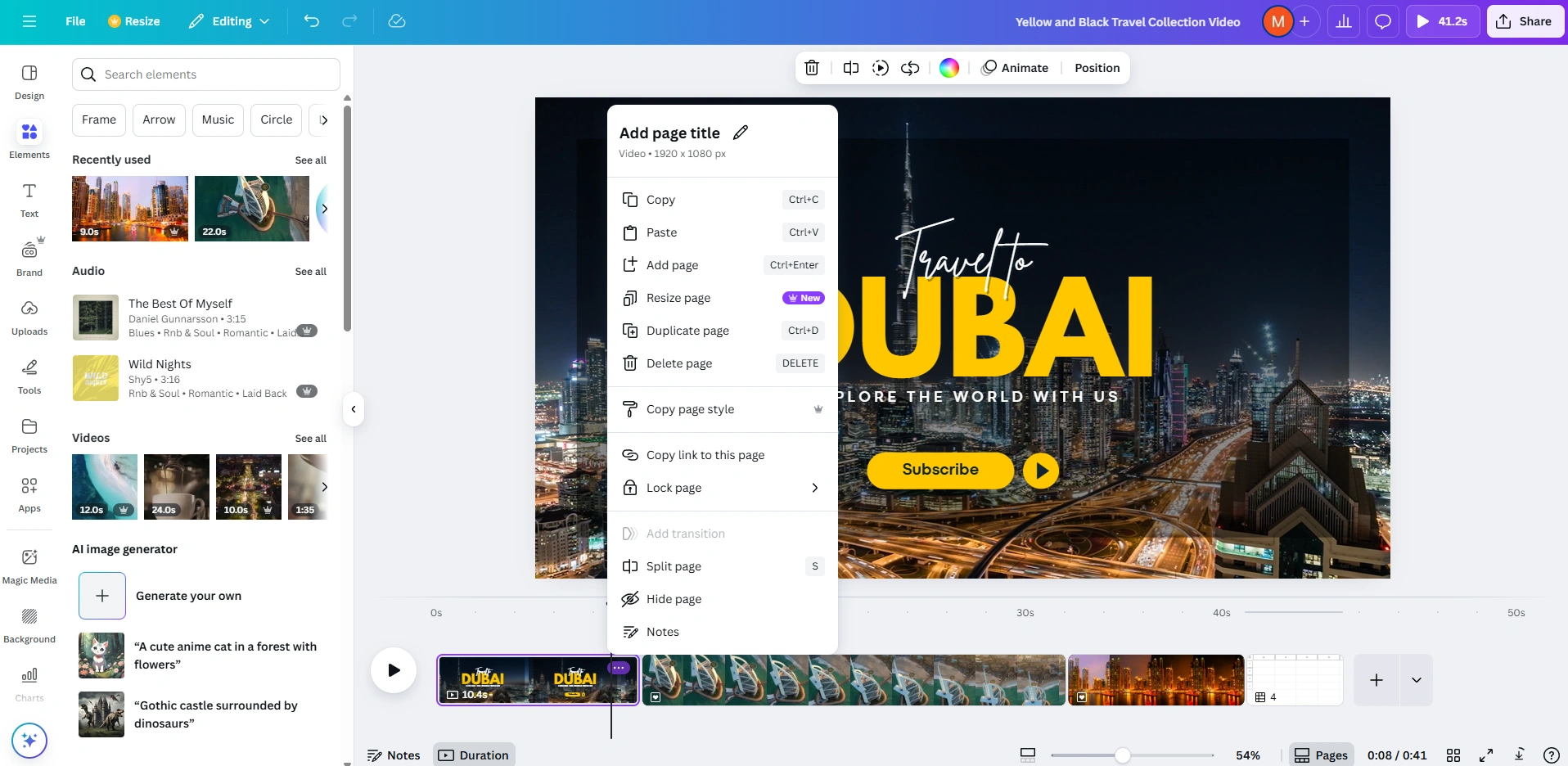 Canva editing interface with page options open.