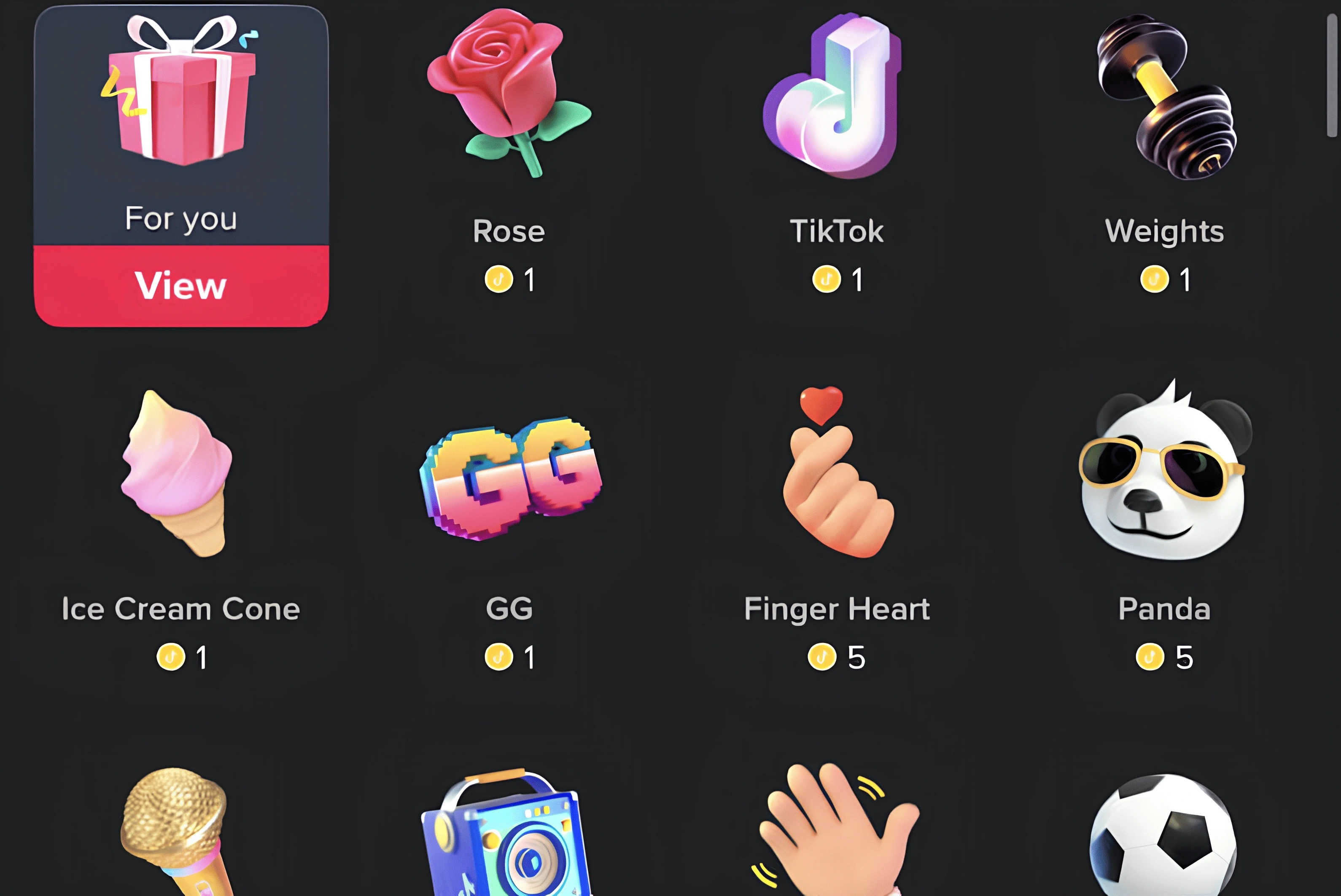 TikTok virtual gift icons with coin values.