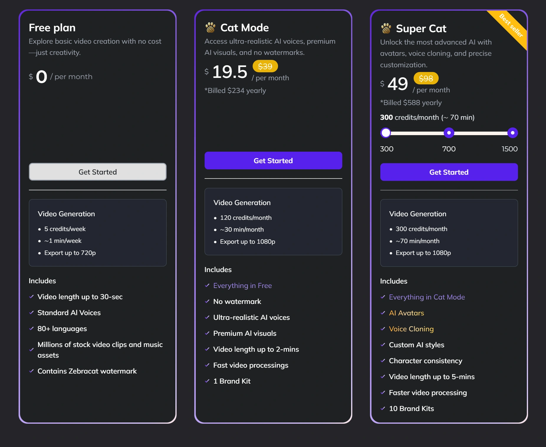 Pricing table showing Zebracat's three subscription levels.