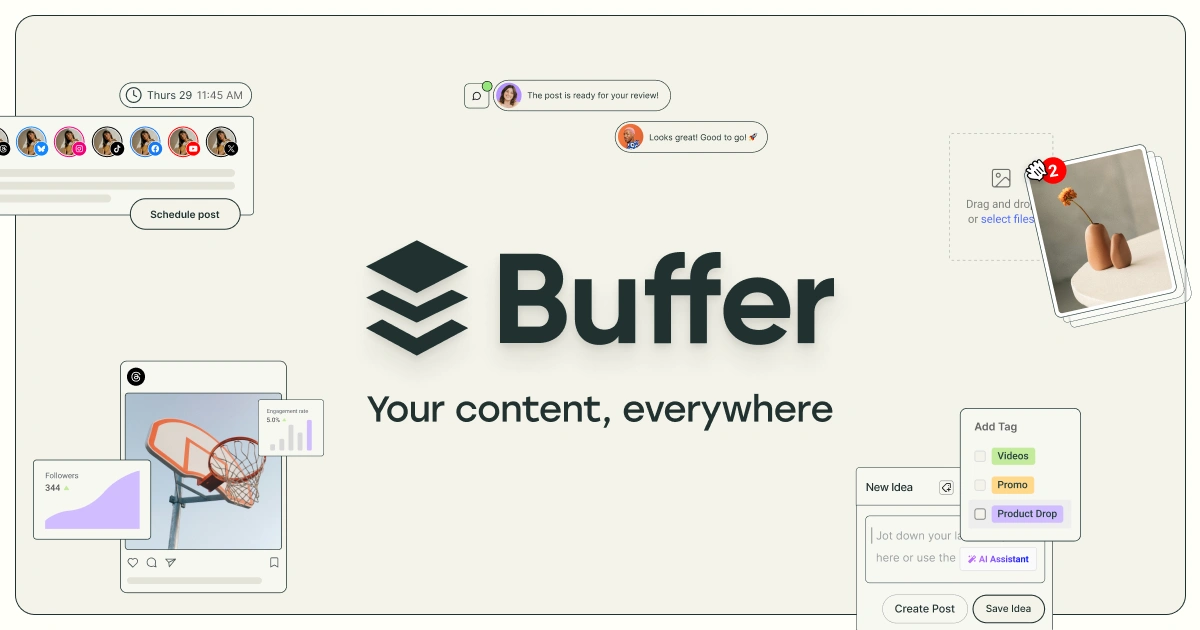 Buffer dashboard showcasing content scheduling and tags.