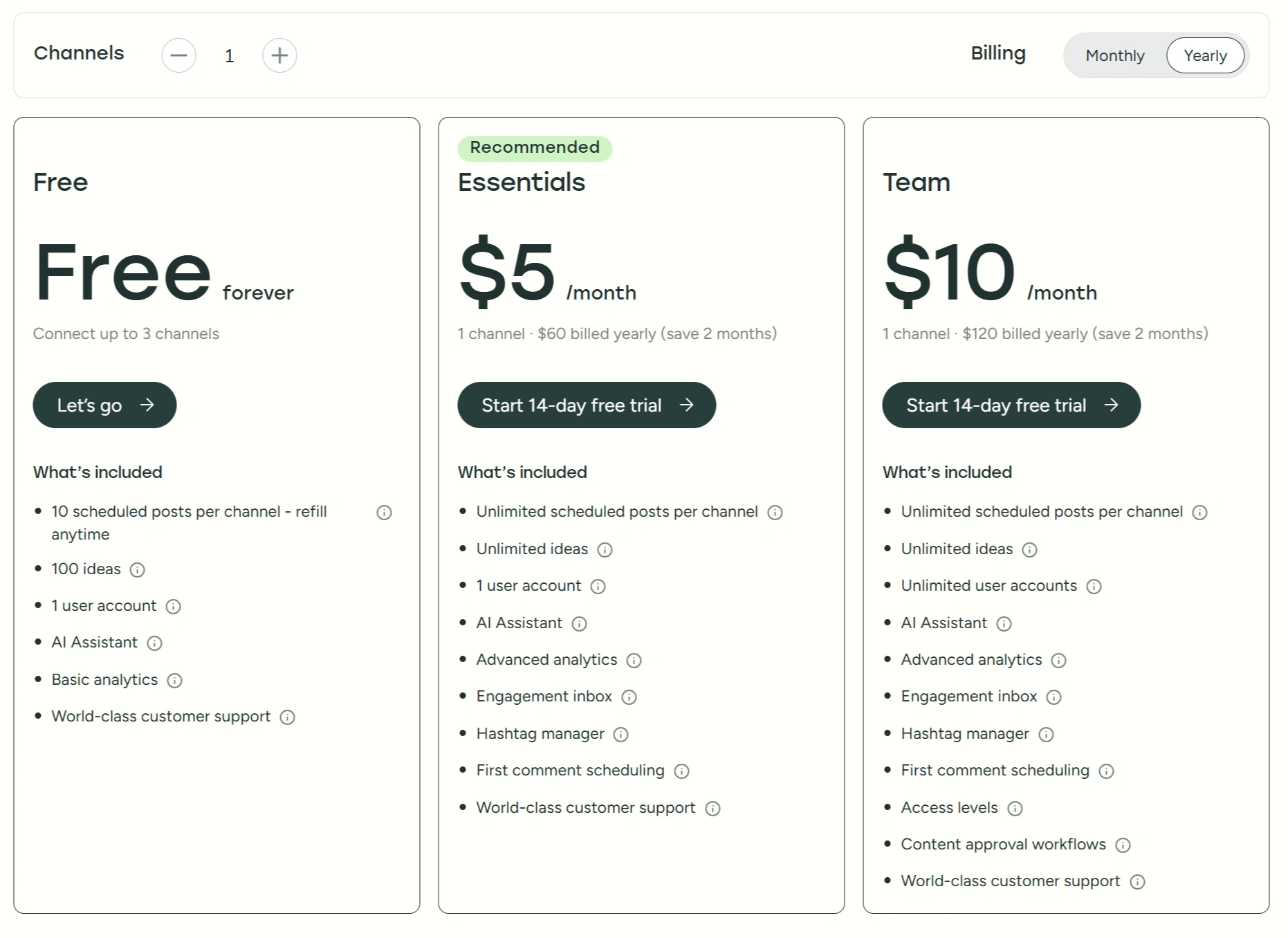 Buffer's Free, $5, and $10 monthly tiers.