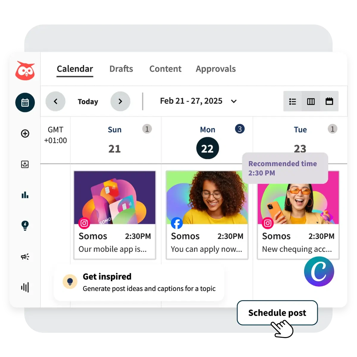 Hootsuite calendar with scheduled social posts preview.