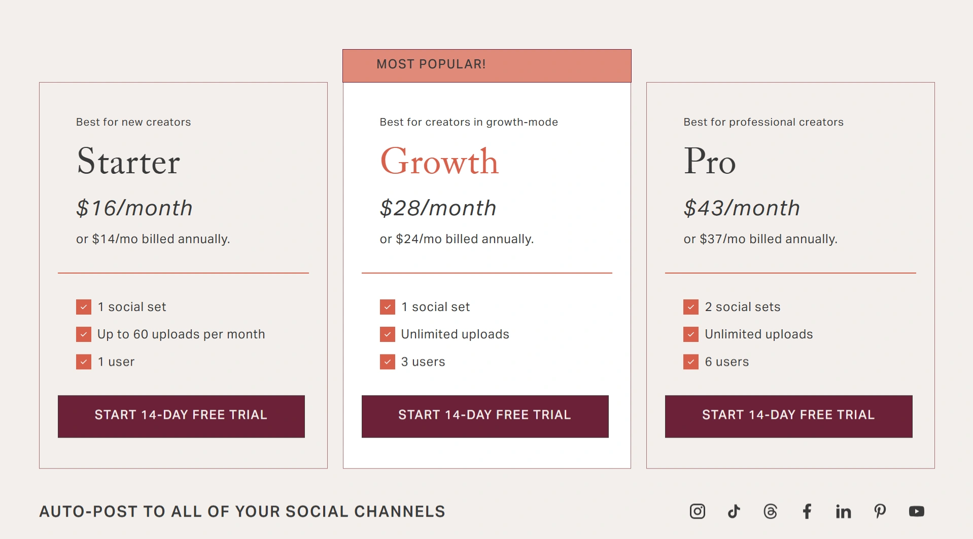Planoly subscription tiers for different creator types.