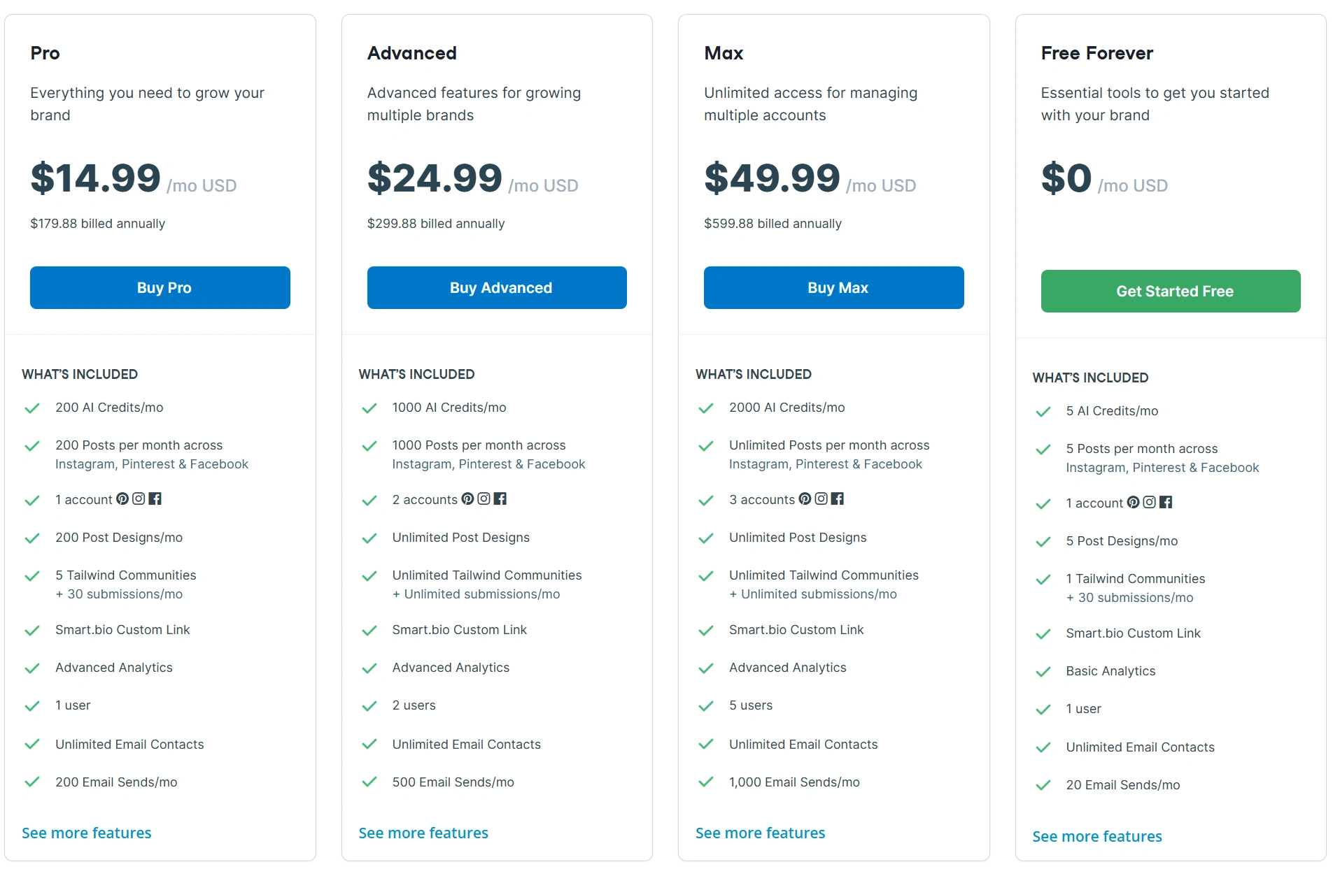 Tailwind feature list shown under pricing plans.