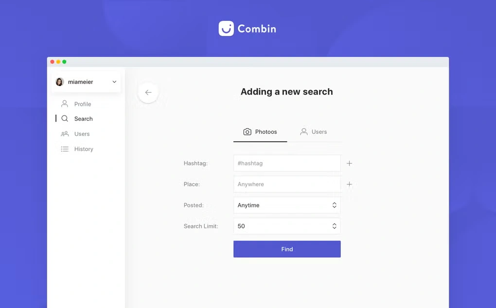 Combin user profile sidebar with search tools.