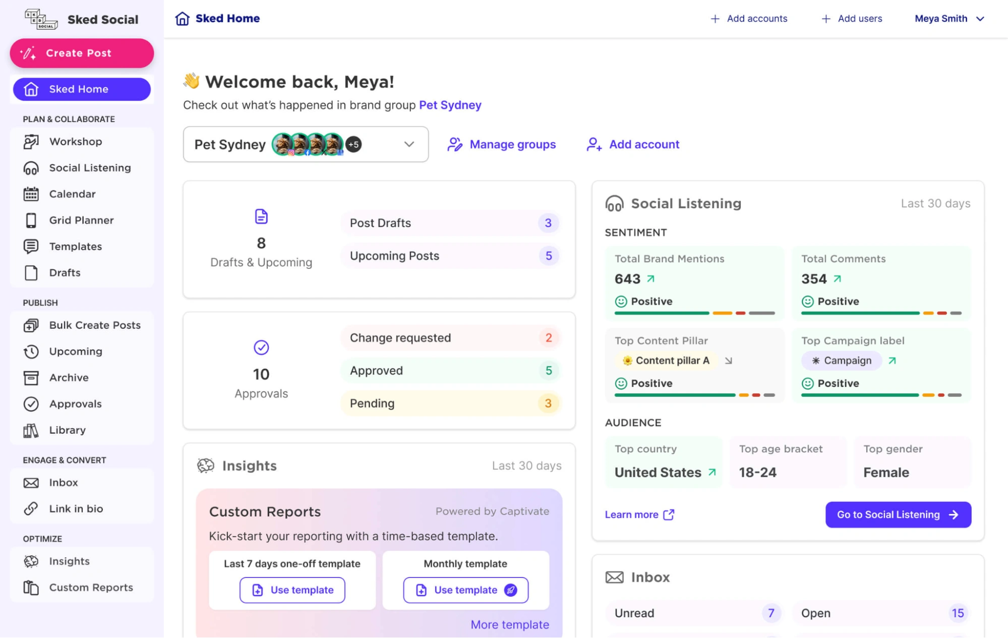 Sked Social dashboard showing post approvals section.