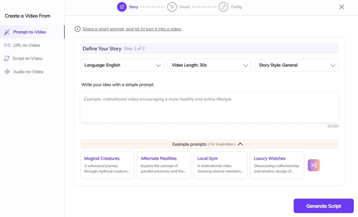 Zebracat's prompt-to-video interface with dropdown menus.