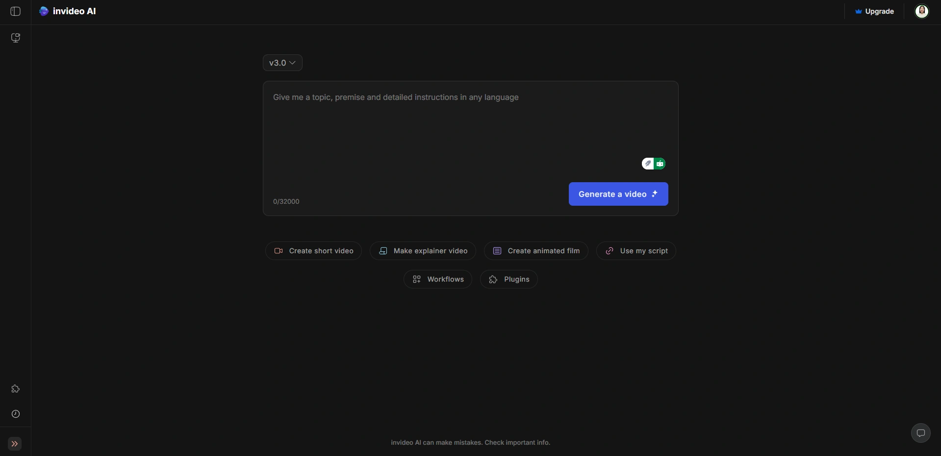 Invideo prompt input box and generate button.