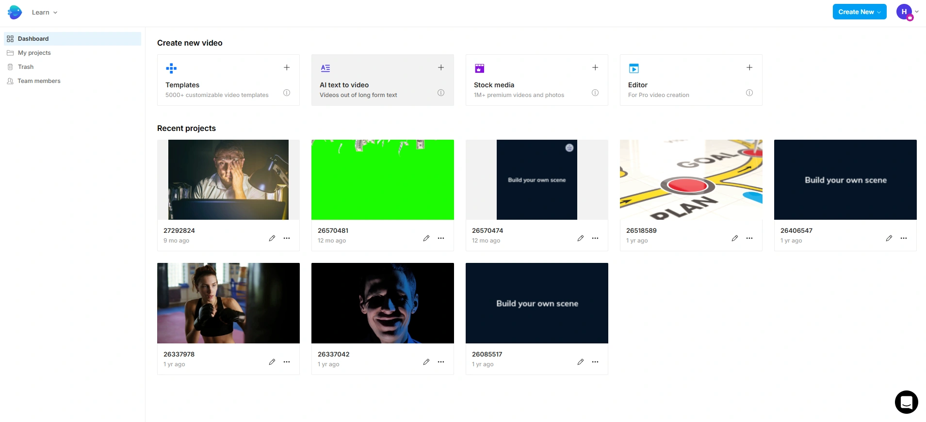 Invideo dashboard showing recent video project thumbnails.