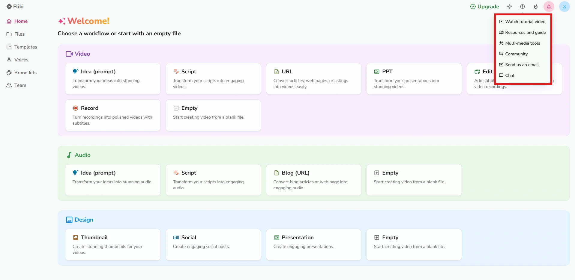 Fliki support menu: tutorial, chat, community options.