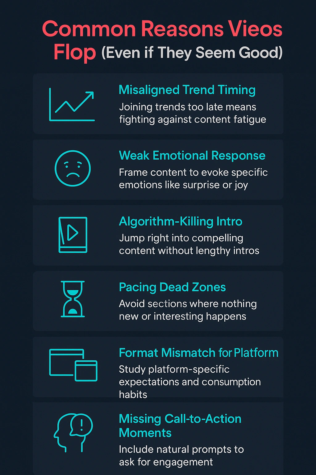 Infographic listing mistakes behind video underperformance.
