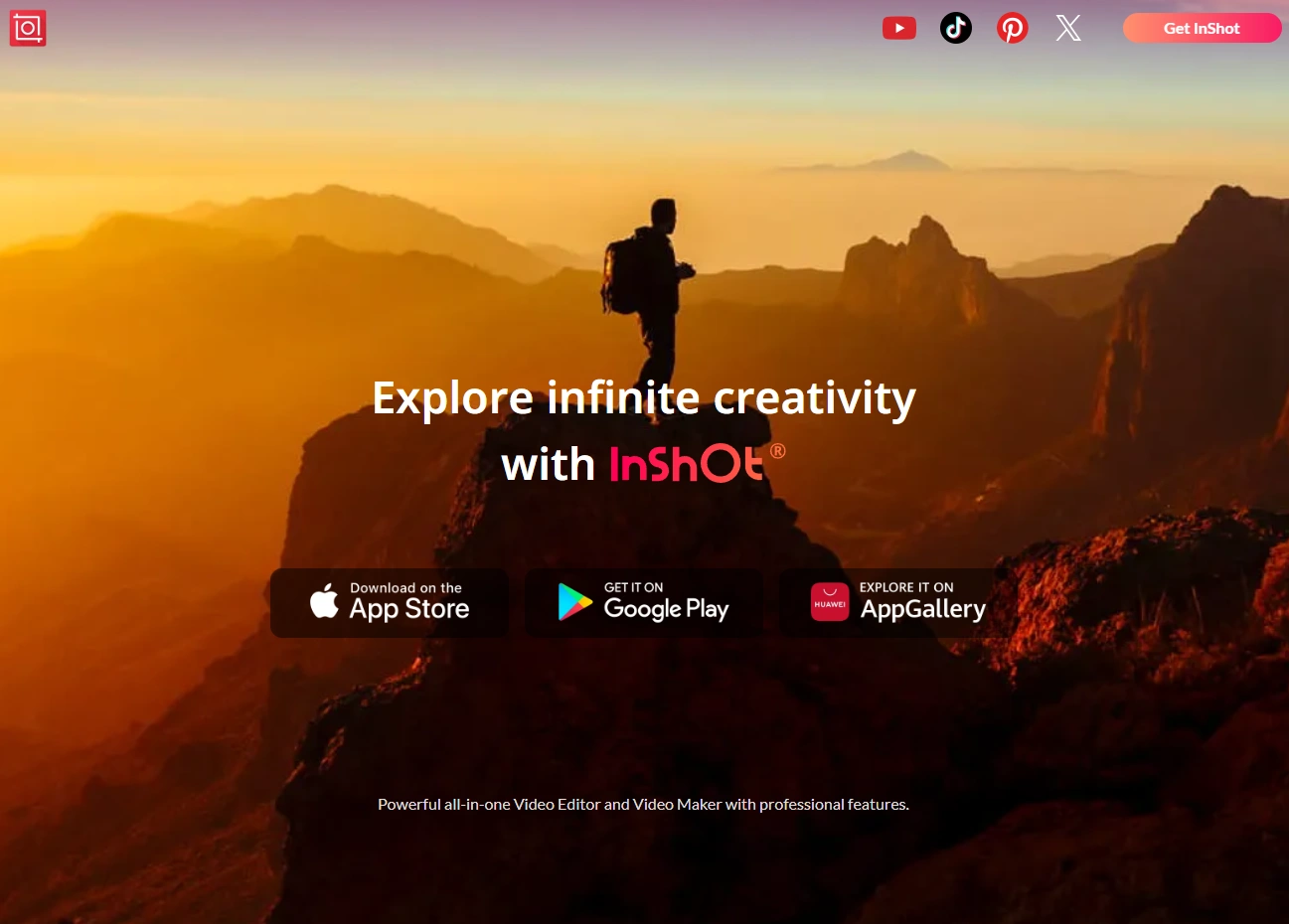 InShot landing page with app download buttons.