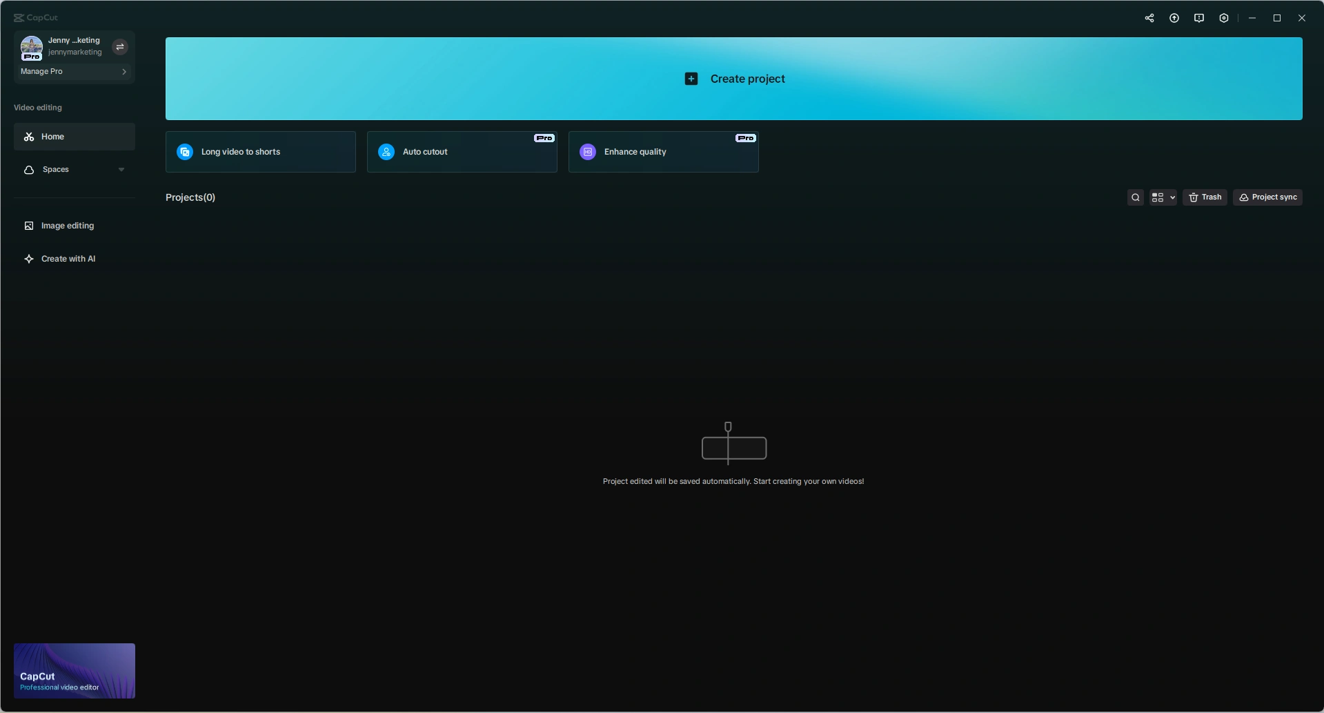 CapCut interface with create project options visible.