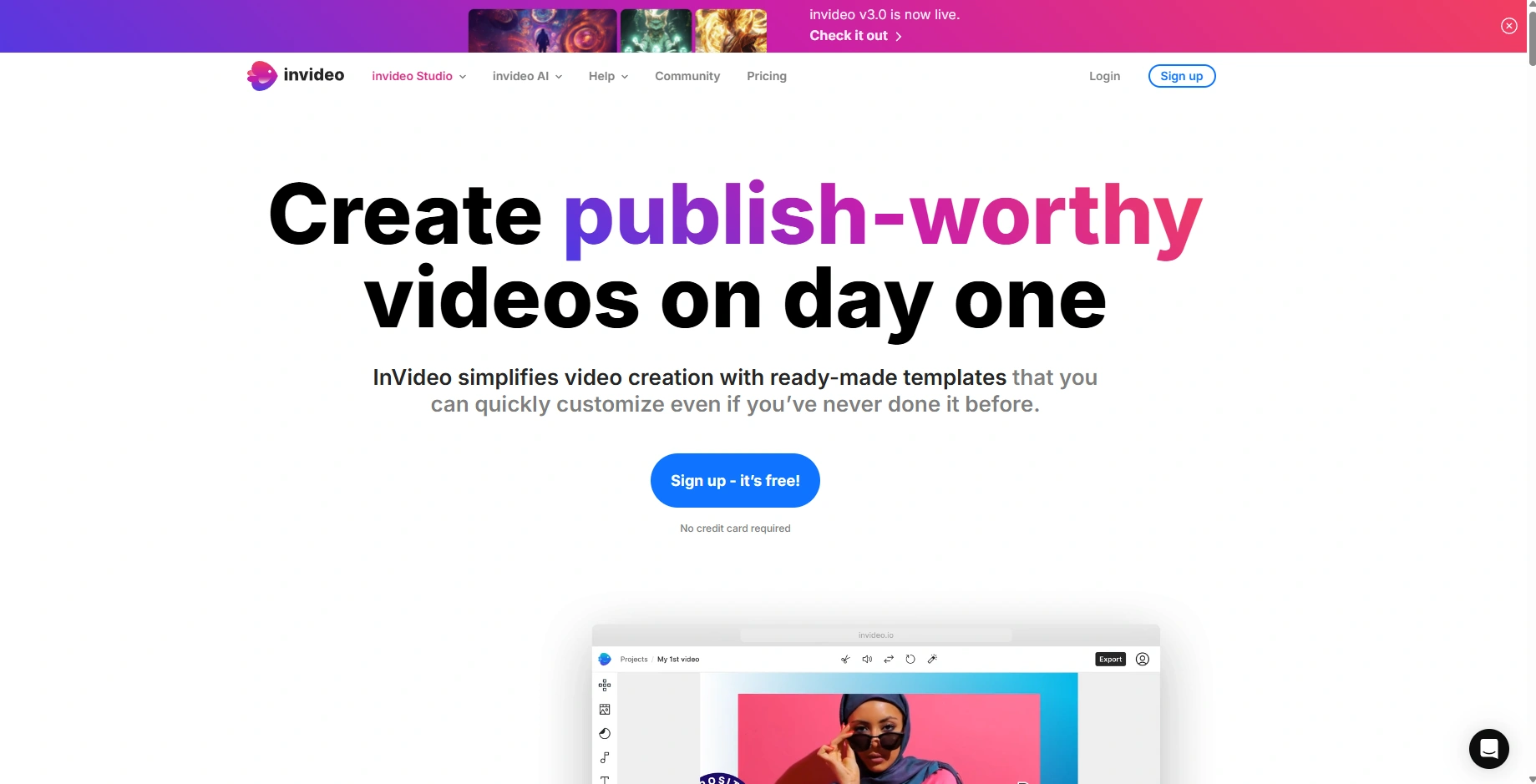 InVideo landing page promoting easy video creation.
