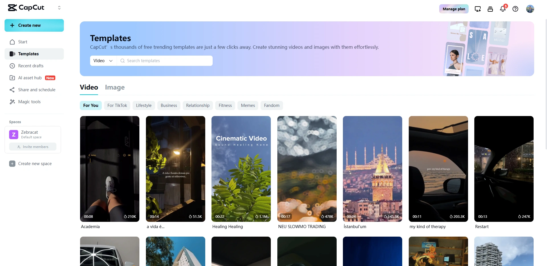 CapCut video template gallery with category filters.