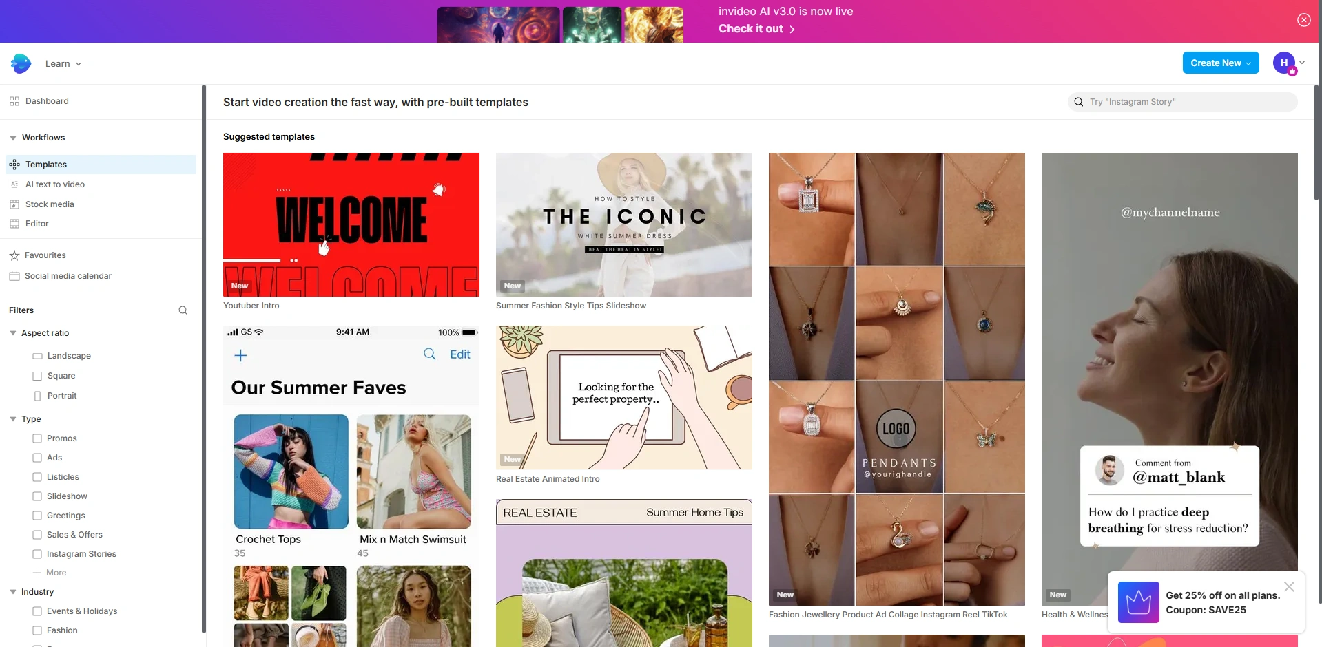 InVideo dashboard showing fashion and ad templates.