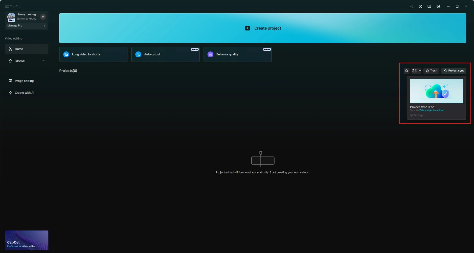 CapCut desktop dashboard showing active project sync.