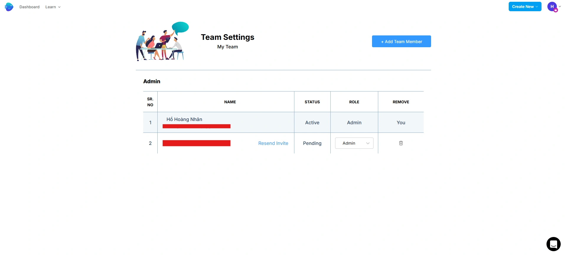 InVideo team settings showing admin members.