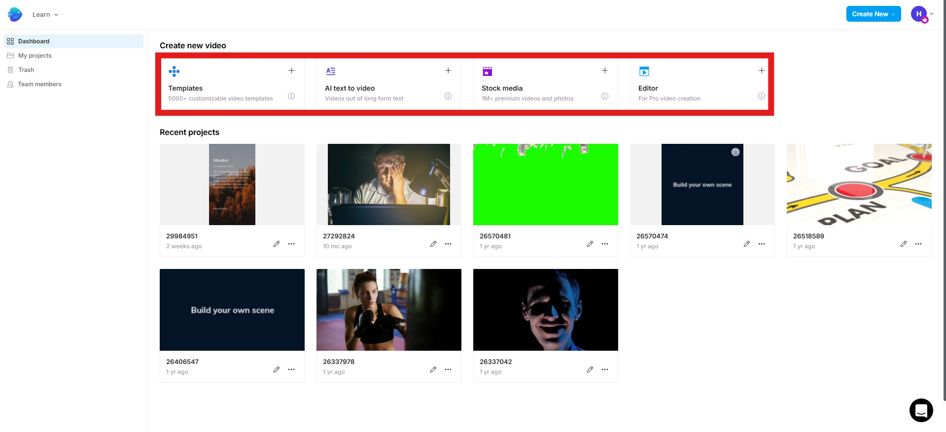 InVideo dashboard showing four video creation options.
