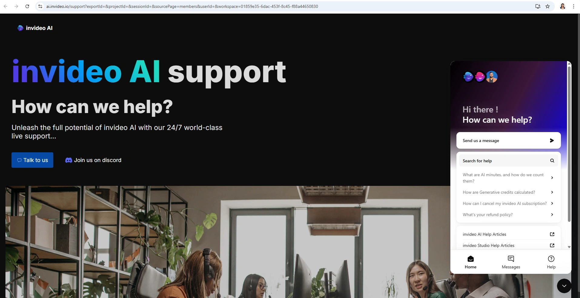 InVideo AI help screen with chatbot.