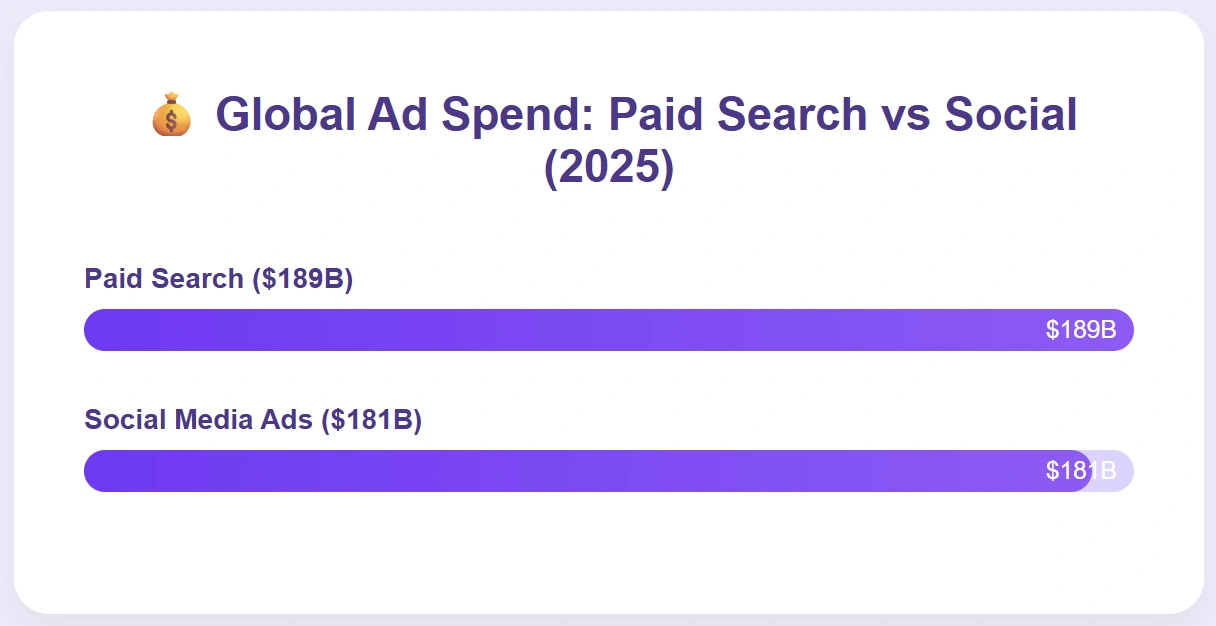 Search ads slightly outpace social ads in 2025 budgets.