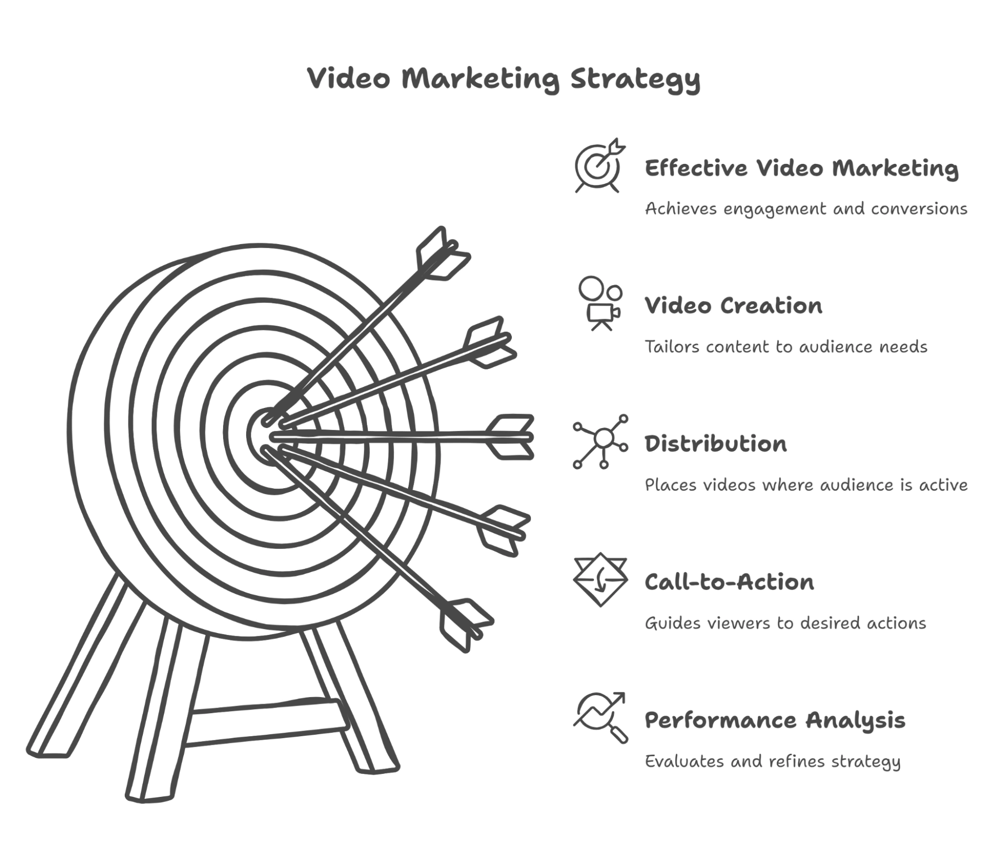 Bullseye diagram illustrates steps in effective video marketing strategy.