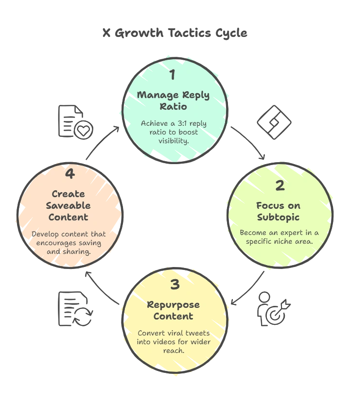 Four-step cycle diagram showing growth tactics order.