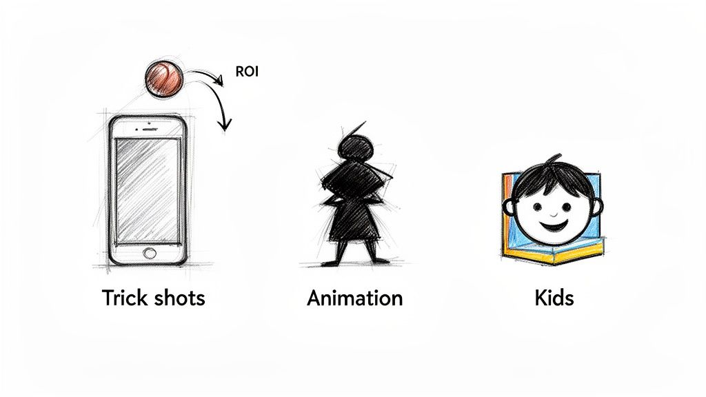 Sketched icons representing mobile trick shots with ROI, animation, and content for kids.